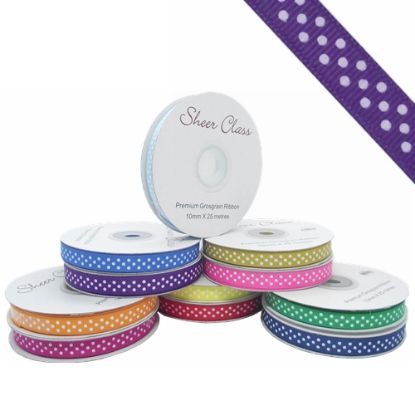 Picture of GROSGRAIN RIBBON DOTTY WHITE 10mm X 25met PURPLE