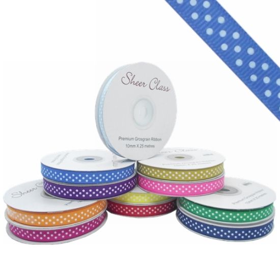 Picture of GROSGRAIN RIBBON DOTTY WHITE 10mm X 25met ROYAL BLUE