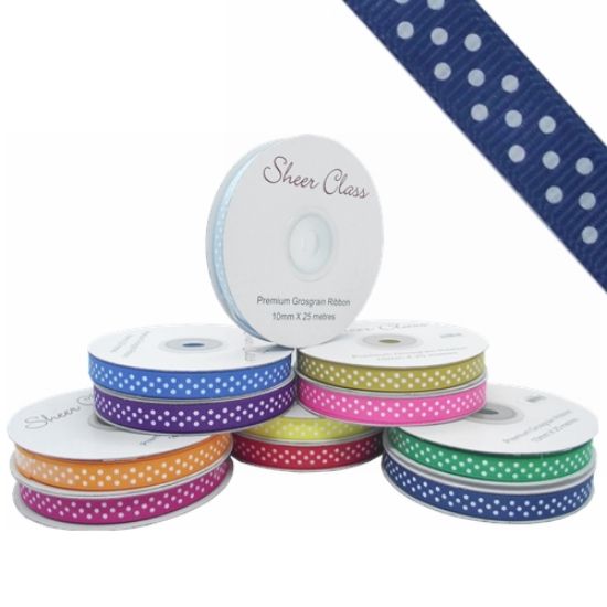 Picture of GROSGRAIN RIBBON DOTTY WHITE 10mm X 25met NAVY BLUE