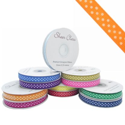 Picture of GROSGRAIN RIBBON DOTTY WHITE 10mm X 25met ORANGE