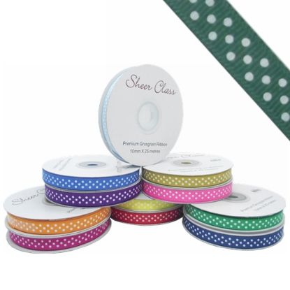 Picture of GROSGRAIN RIBBON DOTTY WHITE 10mm X 25met HUNTER GREEN