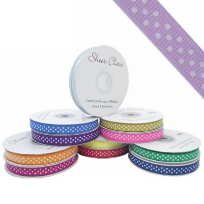 Picture of GROSGRAIN RIBBON DOTTY WHITE 10mm X 25met LAVENDER