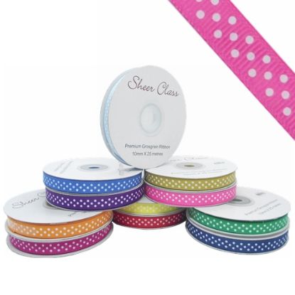 Picture of GROSGRAIN RIBBON DOTTY WHITE 10mm X 25met HOT PINK