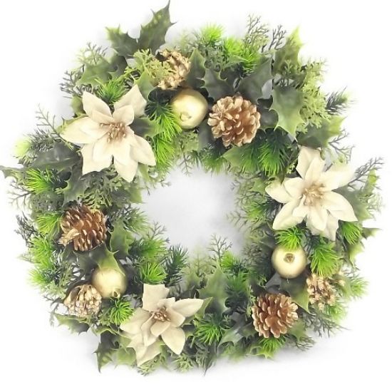 Picture of PLASTIC HOLLY WREATH LARGE WITH 3 POINSETTIAS GOLD