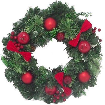 Picture of 40cm SPRUCE WREATH WITH VELVET BOWS BAUBLES CONES BERRIES AND APPLES RED