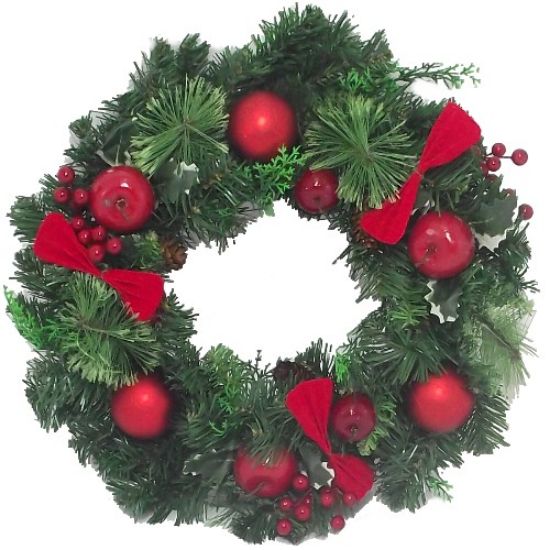 Picture of 40cm SPRUCE WREATH WITH VELVET BOWS BAUBLES CONES BERRIES AND APPLES RED