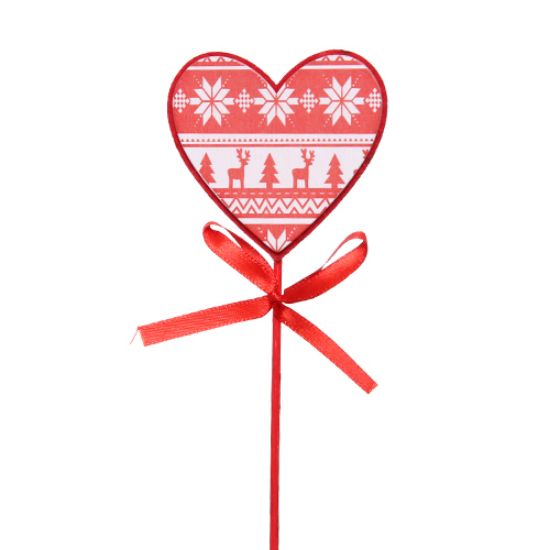 Picture of 31cm WOODEN HEART PICK WITH XMAS DECO RED/WHITE X 6pcs