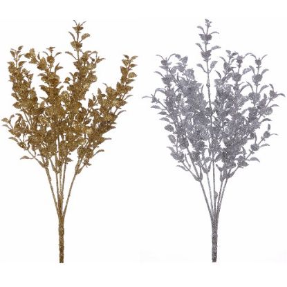 Picture of 29cm GLITTERED EUCALYPTUS BUSH (5 HEADS) ASSORTED GOLD AND SILVER X 36pcs