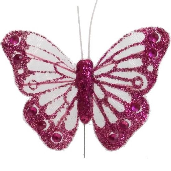 Picture of 7cm ORGANZA BUTTERFLY WITH JEWELS ON 20cm WIRE CERISE X 12pcs