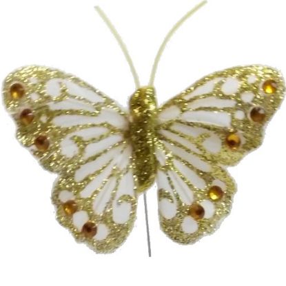 Picture of 7cm FEATHER BUTTERFLY WITH JEWELS ON 20cm WIRE IVORY/GOLD X 12pcs