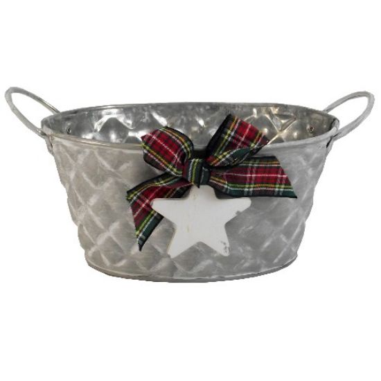 Picture of 20cm METAL OVAL PLANTER WITH TARTAN RIBBON BOW WHITE WASHED