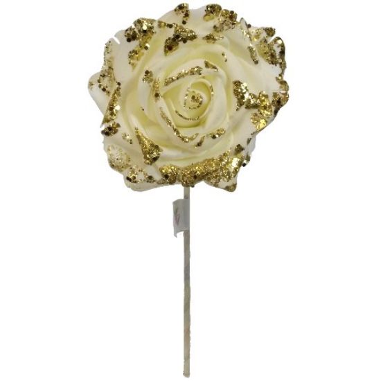 Picture of FSUK LARGE SINGLE FOAM ROSE ON 28cm STEM IVORY WITH GOLD GLITTER