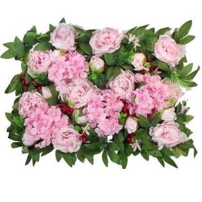 Picture of FLOWER WALL WITH PEONIES HYDRANGEAS FOLIAGE AND RED BERRIES 60cm X 40cm PINK