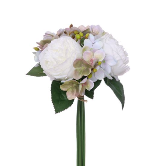 Picture of 28cm PEONY HYDRANGEA AND BERRY BUNDLE WITH AUTUMN FOLIAGE WHITE/AQUA/MAUVE