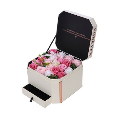 Picture of 22cm IVORY FLOWER BOX WITH COMPARTMENT AND PINK/IVORY SOAP FLOWER ROSES