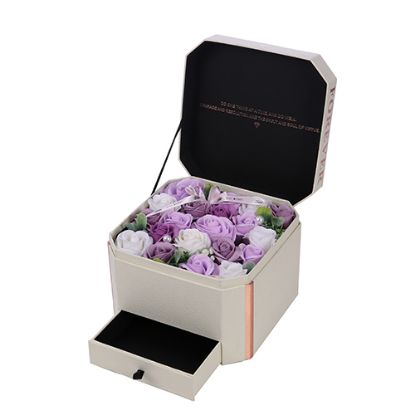 Picture of 22cm IVORY FLOWER BOX WITH COMPARTMENT AND IVORY/LILAC/WHITE SOAP FLOWER ROSES