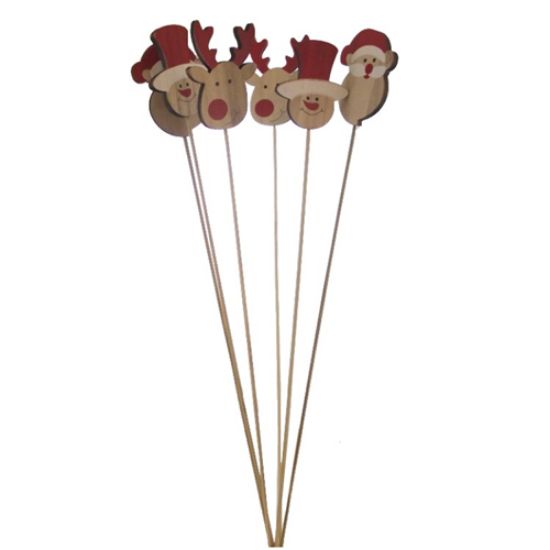 Picture of CHRISTMAS WOODEN CHARACTERS ON 50cm WOODEN STICK NATURAL/RED ASSORTED x 6pcs