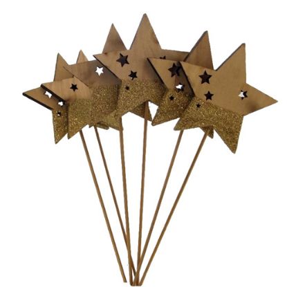 Picture of 7.5cm WOODEN STAR ON 20cm WOODEN STICK NATURAL/GLITTER GOLD X 6pcs