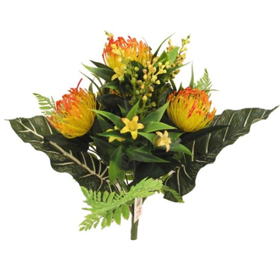 Picture of 42cm LARGE MIXED PLASTIC FLOWER BUSH WITH PROTEA YELLOW/ORANGE