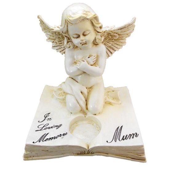 Picture of 15cm POLYRESIN CHERUB ON BASE WITH TEALIGHT HOLDER - IN LOVING MEMORY MUM