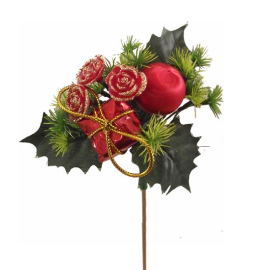 Picture of XMAS ROSE PARCEL AND BALL PICK ON 50cm WOODEN STICK RED X 25pcs