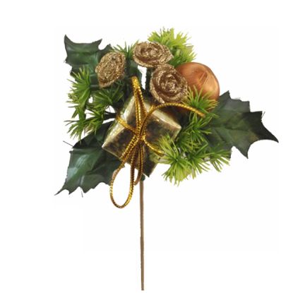 Picture of XMAS ROSE PARCEL AND BALL PICK ON 50cm WOODEN STICK GOLD X 25pcs