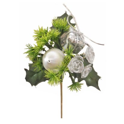 Picture of XMAS ROSE PARCEL AND BALL PICK ON 50cm WOODEN STICK SILVER X 25pcs