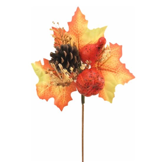 Picture of AUTUMN LEAF PICK WITH CONE ON 50cm WOODEN STICK ORANGE X 25pcs