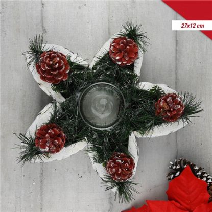 Picture of 27cm WOODEN/GLASS STAR CANDLE HOLDER WITH CHRISTMAS DECO WHITE