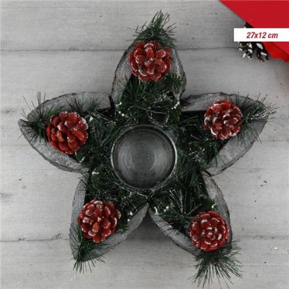 Picture of 27cm WOODEN/GLASS STAR CANDLE HOLDER WITH CHRISTMAS DECO GREY