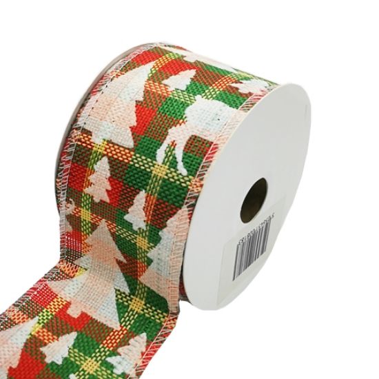 Picture of FABRIC WIRED EDGE CHRISTMAS RIBBON 63mm X 10yds TARTAN WITH TREES AND REINDEER RED/GRN/WHT