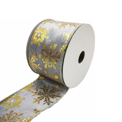 Picture of FABRIC WIRED EDGE CHRISTMAS RIBBON 63mm X 10yds SNOWFLAKE GREY/GOLD