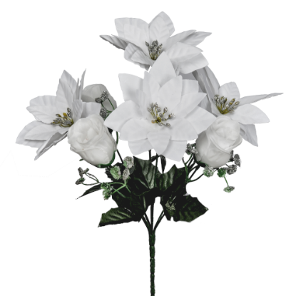 Picture of 30cm POINSETTIA AND ROSEBUD BUSH (7 HEADS) WHITE/SILVER