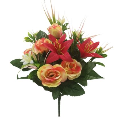 Picture of 48cm ROSE AND LILY BUSH WITH GRASS CERISE/PEACH