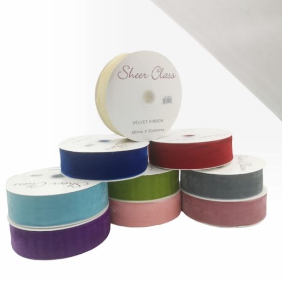 Picture of VELVET RIBBON WITH SEWN EDGE 50mm X 20metres WHITE