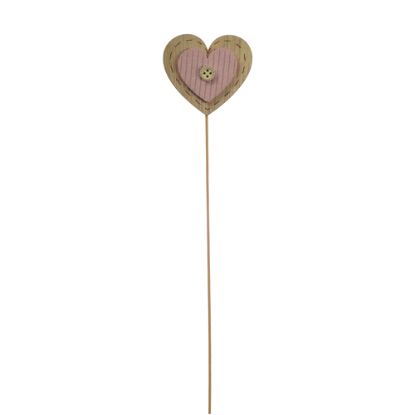 Picture of 25cm WOODEN HEART PICK WITH BUTTON ON WOODEN STICK PINK X 6pcs